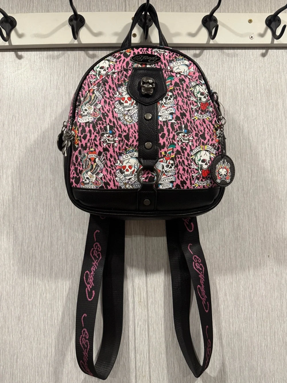 NWT Ed Hardy Pink Leopard Print w Skulls Mini Backpack